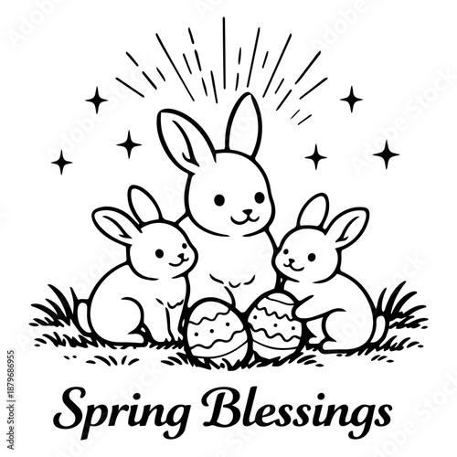 three rabbits sitting with easter eggs spring illustration black and white line art with lettering spring blessings for apparel mugs books posters prints wall decor