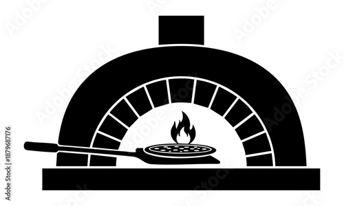 Brick pizza oven glows with internal fire and holds a small pizza on a peel, illustrating traditional baking methods.
