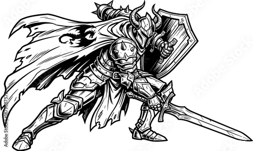 Armored Fantasy Knight with Horned Helmet, Dragon Cloak, Sword and Shield in Dynamic Woodcut Style