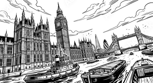 London Cityscape Engraving: Houses of Parliament, Big Ben, and Tower Bridge over the River Thames in Vintage Woodcut Style