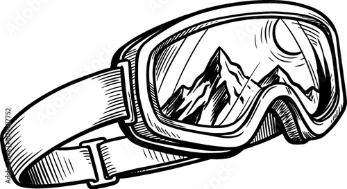 Engraved Ski Goggles with Alpine Mountain Reflection - Woodcut Style Winter Sports Illustration