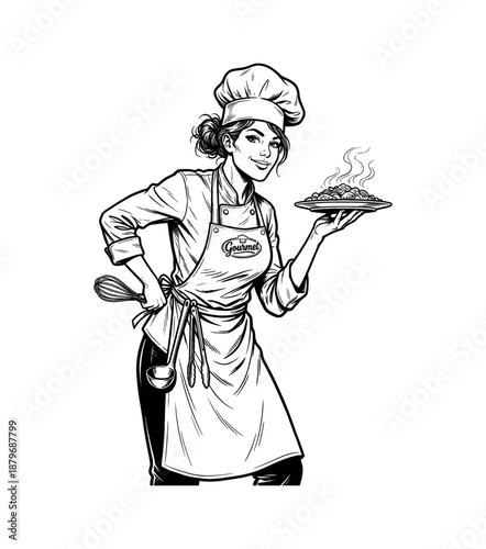 Vintage Engraving of a Female Chef Presenting a Hot Gourmet Meal, Woodcut Style Vector