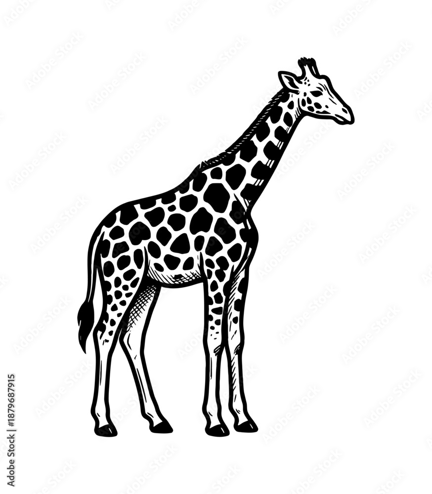 Naklejka premium Classic Giraffe Engraving. Hand-Drawn Woodcut Style Vector Illustration of Safari Animal. Black and White Vintage Sketch.