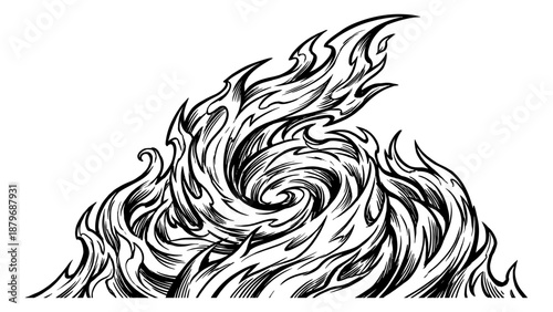 Dynamic Engraved Fire Flames Vector Illustration - Stylized Black and White Swirl of Energy and Heat, Woodcut Art Style Graphic Element