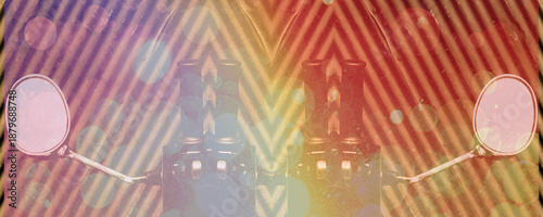 ultra-wide multi coloured image based on twin motorcycle mirrors with coloured layers inspired by  a spirit of celebration
