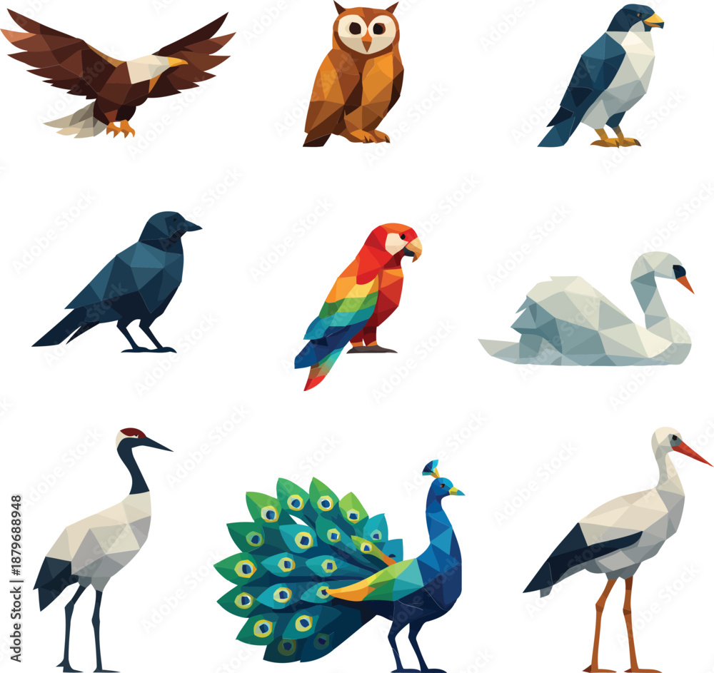 Fototapeta premium Diverse Animal Illustrations Featuring Birds and Wildlife in Various Poses, 