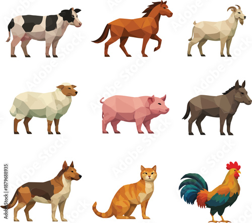 Collection of diverse farm animals including cow, horse, goat, dog, pig, donkey, cat, and rooster in various poses and colors