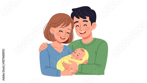 Young couple smiling while holding newborn baby in their arms  