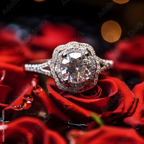 Red Rose Petals and Diamond Engagement Ring, Intimate Love Symbol Photo christmas decoration on red background