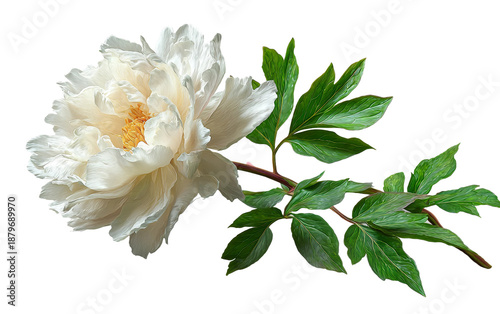 Minimalist peony sprig with foliage arranged for elegant botanical photography in bright lighting isolated on transparent background PNG