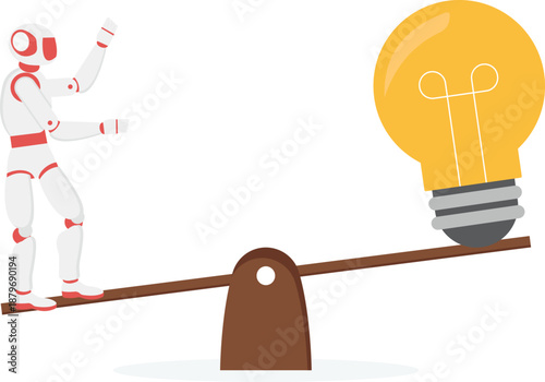 AI Robot Balancing Creative Idea Bulb on Seesaw Scale