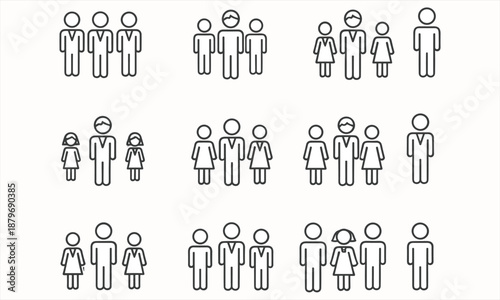 Family icons set illustration, people group symbols, parents and children pictograms, minimal line style, social relationship vector collection design