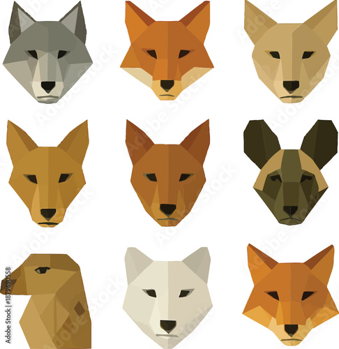 Geometric animal faces compilation featuring fox, dog, wolf, animal, and mammal in a grid layout