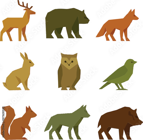Collection of animal illustrations featuring deer, bear, fox, rabbit, owl, and wolf in various poses and colors from Copilot_20260115_155042.eps