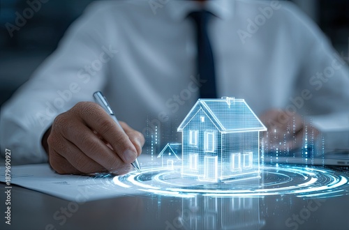 Real estate professional writing on contract with house hologram for concept