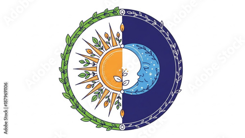 Sun Moon Symbol with Floral Elements in Circle Frame Isolated on White