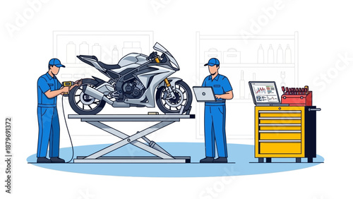 Two mechanics inspecting a motorcycle on a lift with a toolbox in a garage