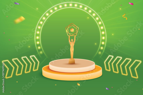 Award Ceremony Green Color Background With Golden Trophy on Podium. Premium Celebration Theme Concept Vector Illustration For Grand Music Concert, Movie, Party, Festival Celebration Etc.
