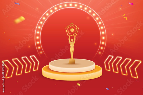 Award Ceremony Red Color Background With Golden Trophy on Podium. Premium Celebration Theme Concept Vector Illustration For Grand Music Concert, Movie, Party, Festival Celebration Etc.