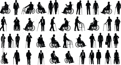 Senior people silhouettes collection, elderly men women walking with cane wheelchair poses, healthcare support, black shadow vector illustration set