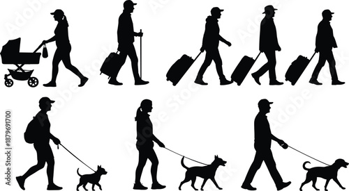 People silhouette collection showing travelers with luggage, parents pushing baby stroller, and dog walkers walking in sequence isolated on white background