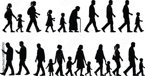 People silhouette collection showing human life cycle from childhood to old age, family generations walking together isolated on white background