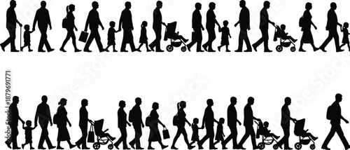 People silhouette collection showing families, parents with children, baby strollers and individuals walking in continuous sequence representing everyday urban life isolated on white background