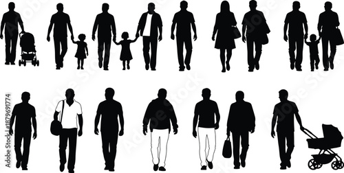 People silhouette collection showing families, parents with children, baby strollers and individuals walking together in everyday urban lifestyle scenes isolated on white background