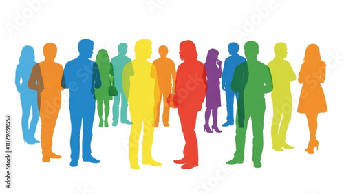 Colorful silhouettes of diverse people interacting in various poses  