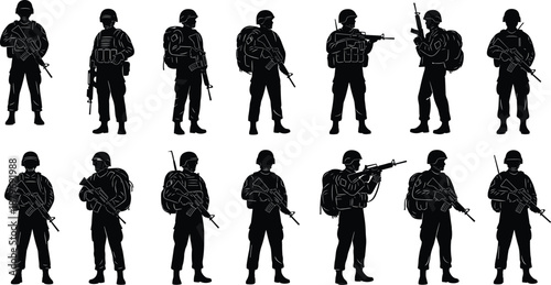 Military soldier silhouette collection showing armed troops in standing, aiming and patrol poses with tactical gear isolated on white background