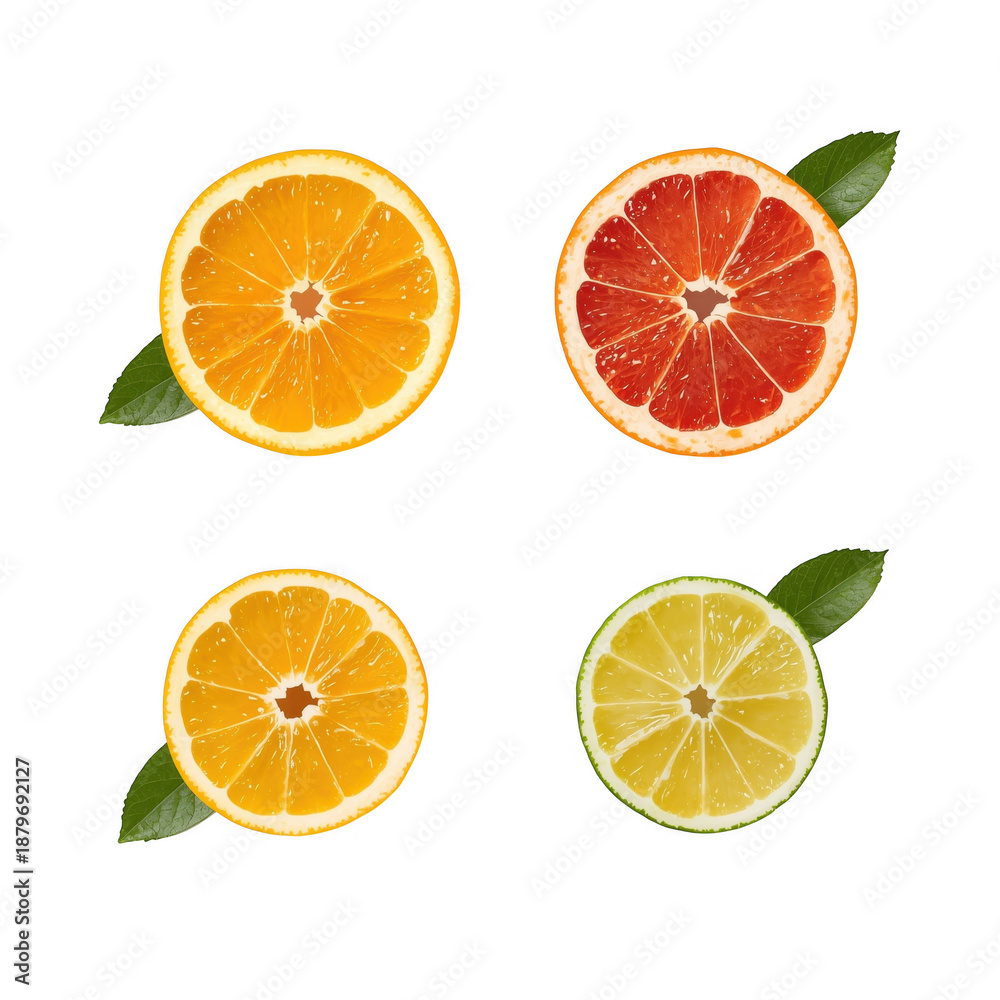 Fototapeta premium Sliced oranges, grapefruit and lime with leaves isolated on a transparent background citrus fruits