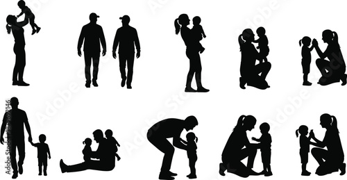 Family silhouette collection showing father and child bonding activities, walking, playing, lifting, caring moments isolated on white background