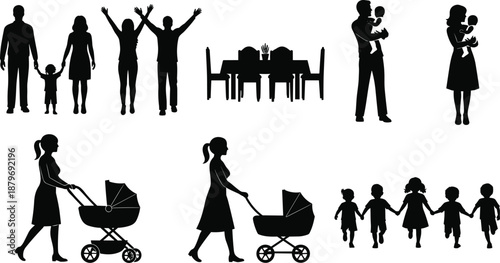 Family silhouette collection illustrating parents and children celebrating, dining together, holding babies, pushing strollers and enjoying everyday family bonding moments isolated on white background