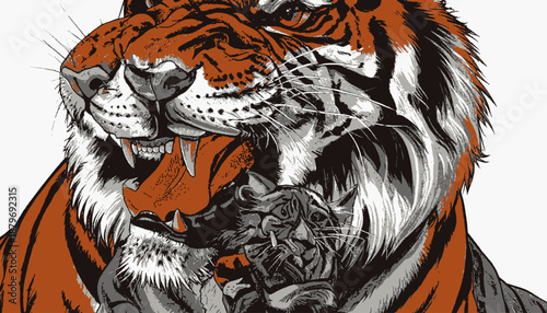A tiger's detailed illustration, split-tone style. Shows ferocious face, white whiskers, and detailed teeth