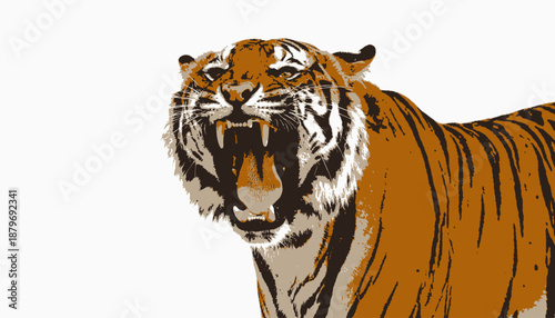A roaring tiger with mouth agape, rendered in stylized, earthy tones against a white backdrop