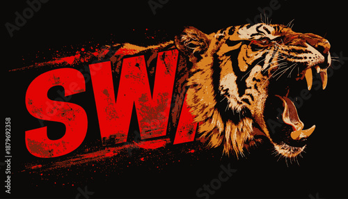 A roaring big cat graphic with bold red letters against black, creating intense and dynamic visual