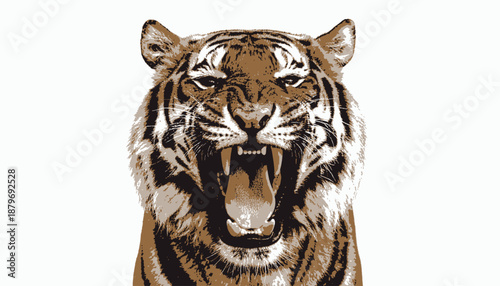 A roaring tiger portrait with open mouth showing sharp teeth and striking stripes