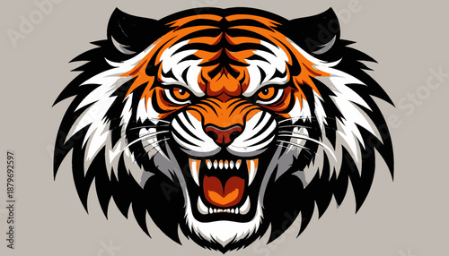 A stylized vector illustration of an angry tiger's head, showing teeth and orange stripes on a gray background