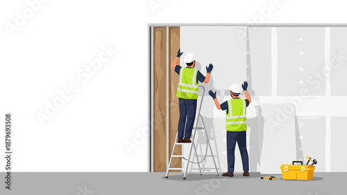 Construction workers in safety gear installing wall panels on a ladder with tools