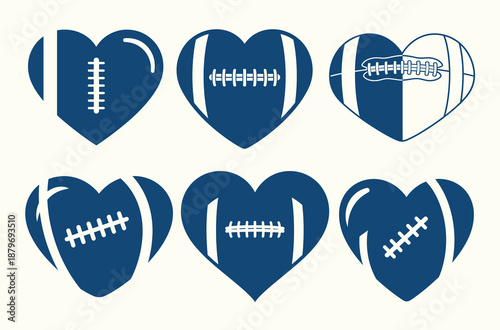 Stylish heart-shaped American football icon set combining sports passion and love themes. Perfect for game day designs, apparel, stickers, posters, fan merchandise, and sporty Valentine or team graphi