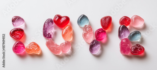 top down flat lay of love typography made with heart shaped candies, romantic candy letters spelling love on white background, sweet valentine's day concept with colorful jelly hearts