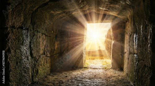 Vista desde el interior de una cueva hacia un paisaje iluminado por el sol naciente con una cruz en la distancia