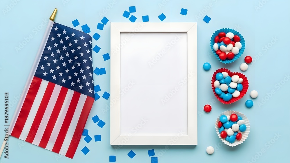 Obraz premium Patriotic american flag and heart decorations on light blue background