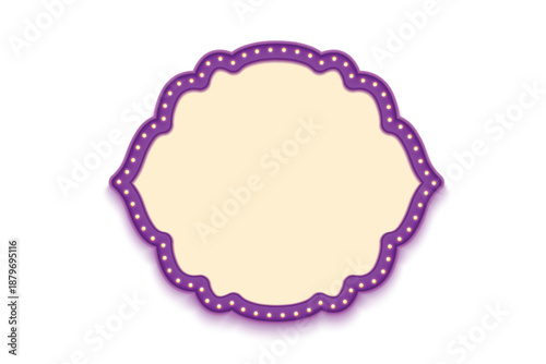 Ethnic Ornamental Shape Box Decorative Frame. Purple Border Frame With Glowing Bulbs.