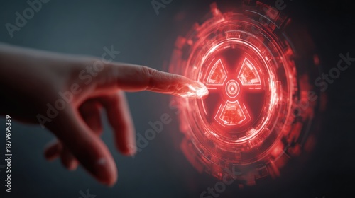 Glowing red radiation symbol, digitally rendered with a finger touching the hazard warning