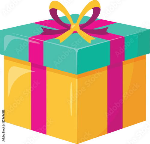A brightly colored gift box with a teal lid, yellow base, and pink ribbon with a yellow bow