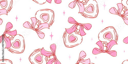 Seamless pattern of cute pink heart lockets with ribbons and sparkles. Romantic hand drawn doodle background.