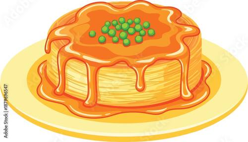 A delectable stack of dessert pancakes generously drizzled with rich orange syrup and topped with green peas