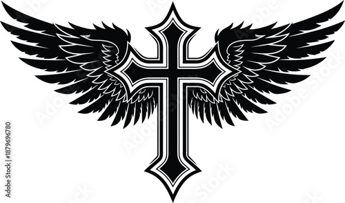 Black and White Angel Wing Cross Christian Symbol Vector Illustration