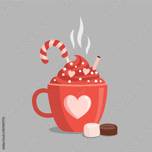 Valentine's Day Hot Chocolate with Whipped Cream and Heart Decoration.